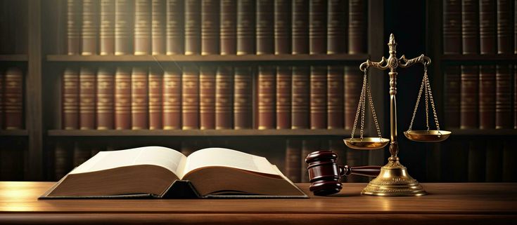 Law books, a judge’s gavel, and scales of justice on a wooden desk symbolizing legal authority and fairness, representing concepts related to the Land Ceiling Act.