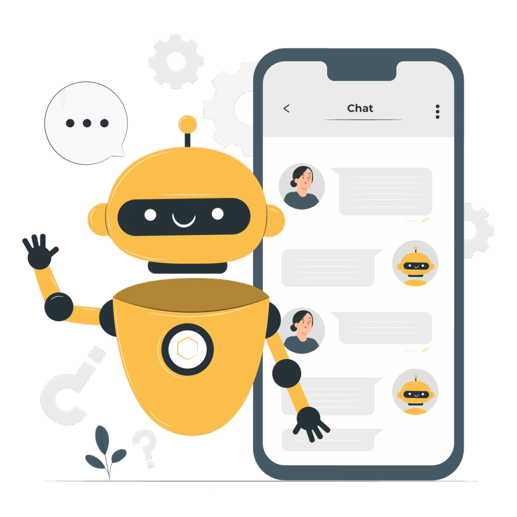 Illustration of a friendly yellow robot chatting on a smartphone screen, representing an AI Legal Tool for automated legal assistance and smart conversations
