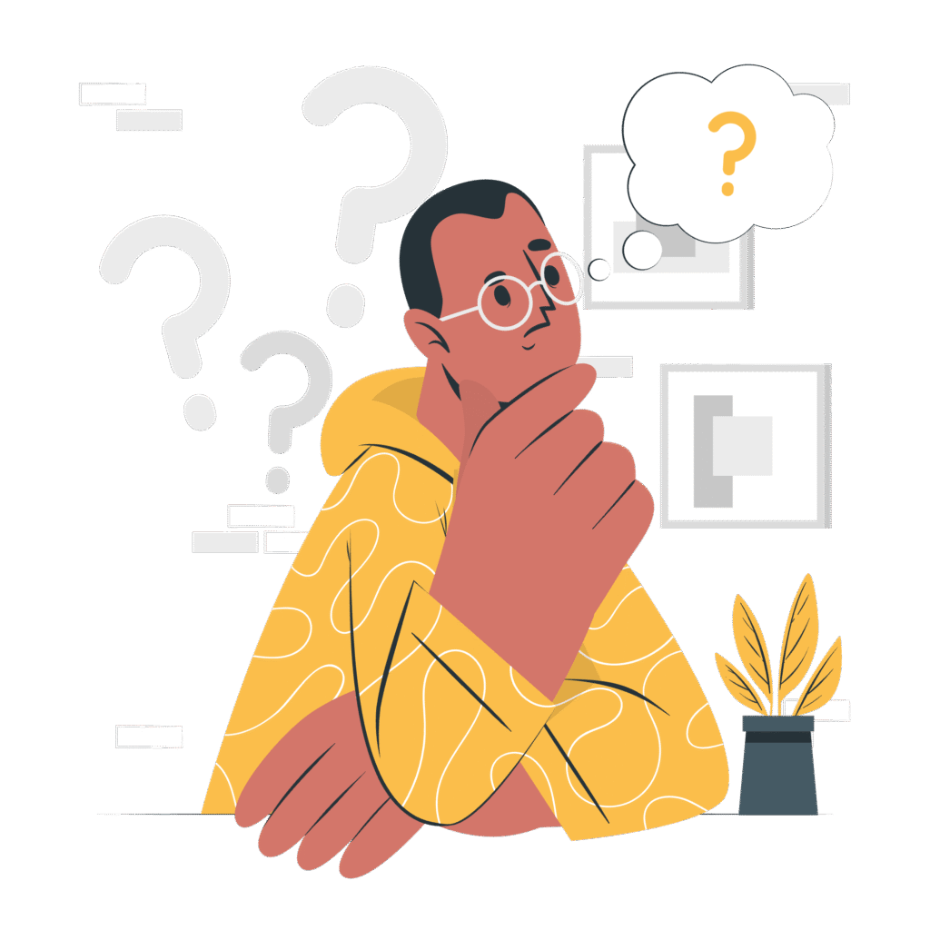 person surrounded by question marks, symbolizing curiosity or decision-making in the context of legal education online.