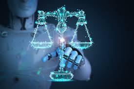 A robotic hand holding a glowing digital scale of justice, symbolizing AI law and the intersection of artificial intelligence with legal systems.